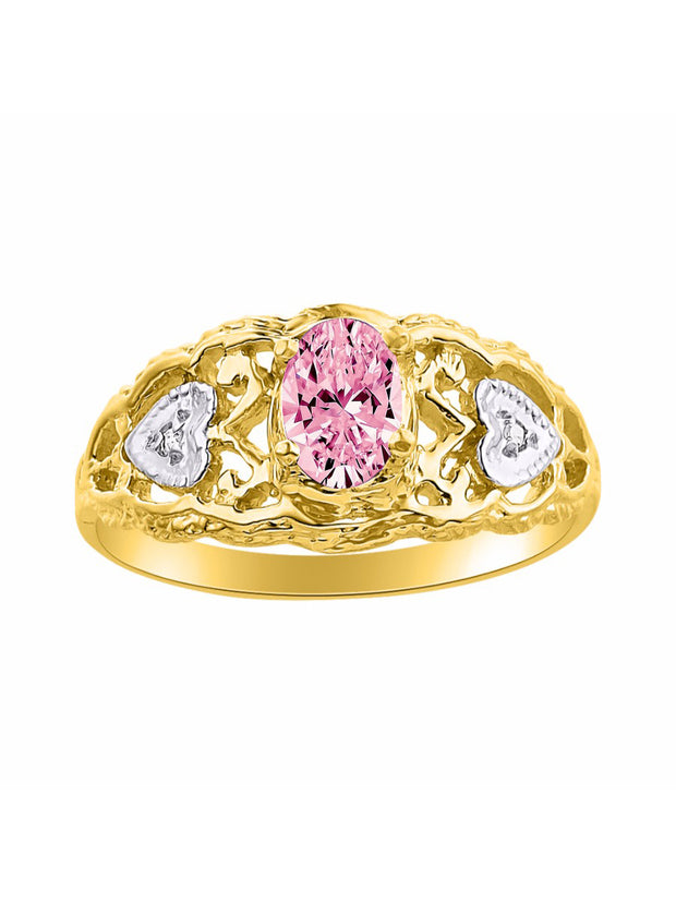 Rylos Ring with Filigree Heart, 6X4MM Gemstone, and Diamonds - Birthstone Jewelry for Women in Yellow Gold Plated Silver, Available in Sizes 5-10