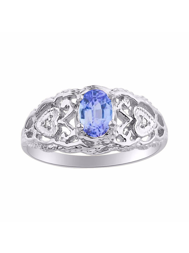 Rylos Ring with Filigree Heart, 6X4MM Gemstone, and Diamonds - Birthstone Jewelry for Women in Sterling Silver, Available in Sizes 5-10