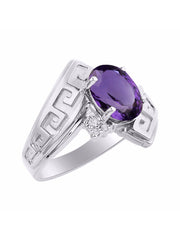 Rylos 14K White Gold Greek Key Designer Ring with 9X7MM Gemstone & Diamond Accent  Unique Color Stone Birthstone Jewelry for Women  Available in Sizes 5-10