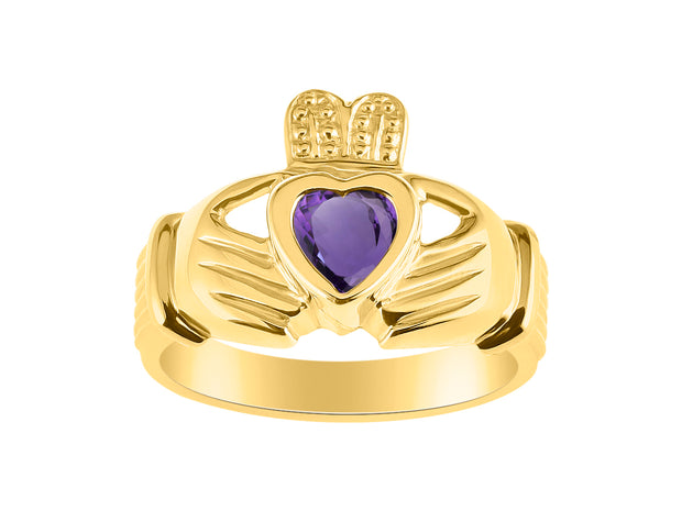 Rylos Rings 14K Gold Plated Silver Claddah Love, Loyalty & Friendship Heart 6MM Gem Irish Wedding Band Claddagh Rings Birthstone Jewelry for Women Sterling Silver Rings for Women & Men Size 5-13