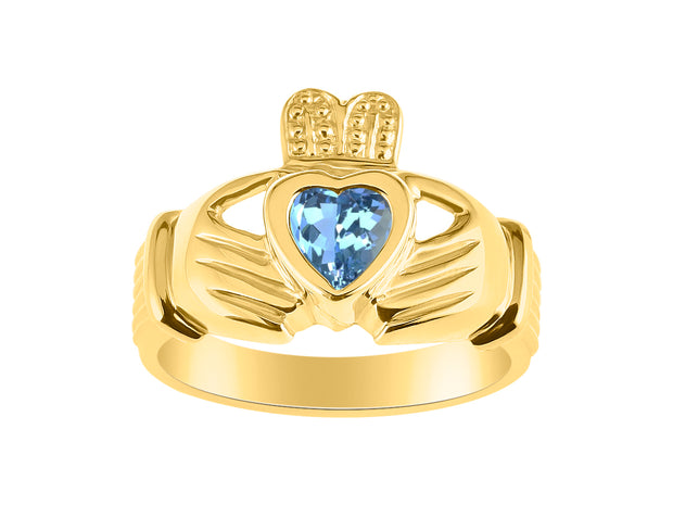 Rylos Rings 14K Gold Plated Silver Claddah Love, Loyalty & Friendship Heart 6MM Gem Irish Wedding Band Claddagh Rings Birthstone Jewelry for Women Sterling Silver Rings for Women & Men Size 5-13