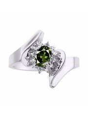 RYLOS  Rings for Women 14K White Gold Ring Classic 6X4MM Gemstone & Halo of Diamond Ring September Green Sapphire Jewelry for Women Gold Rings For Women Diamond Rings for Women Size 5,6,7,8,9,10