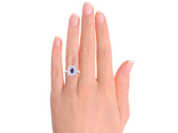 Rylos Floral Designer Ring with 6X4MM Oval Gemstone & Sparkling Diamonds in Sterling Silver- Birthstone Jewelry for Women - Available in Sizes 5 to 10 Embrace Elegance!