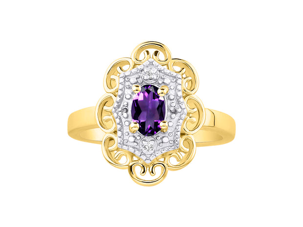 Rylos Floral Designer Ring with 6X4MM Oval Gemstone & Sparkling Diamonds in Yellow Gold Plated Silver- Birthstone Jewelry for Women - Available in Sizes 5 to 10 Embrace Elegance!