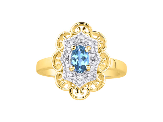 Rylos Floral Designer Ring with 6X4MM Oval Gemstone & Sparkling Diamonds in Yellow Gold Plated Silver- Birthstone Jewelry for Women - Available in Sizes 5 to 10 Embrace Elegance!