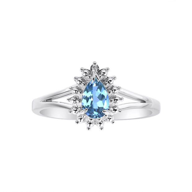 Rylos Halo Ring: Diamonds, 6X4MM Pear-Shaped Gemstone - Women's Color Stone Birthstone Jewelry - Elegant Sterling Silver Ring Sizes 5-10