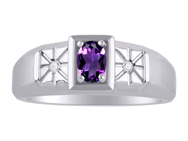 Rylos Men's Classic 14K White Gold Designer Ring: 6X4MM Oval Gemstone & Sparkling Diamond Accent - Birthstone Rings for Men - Available in Sizes 8-13.