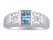 Rylos Men's Classic 14K White Gold Designer Ring: 6X4MM Oval Gemstone & Sparkling Diamond Accent - Birthstone Rings for Men - Available in Sizes 8-13.