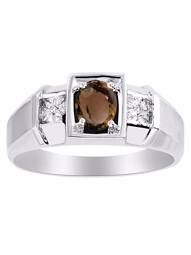 Rylos Men's Classic 14K White Gold Designer Ring: 6X4MM Oval Gemstone & Sparkling Diamond Accent - Birthstone Rings for Men - Available in Sizes 8-13.