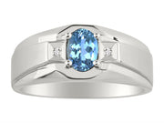 Rylos Men's Rings 14K White Gold Classic 7X5MM Oval Gemstone & Sparkling Diamond Designer Ring - Color Stone Birthstone Rings for Men, Available in Gold, Sizes 8-13.