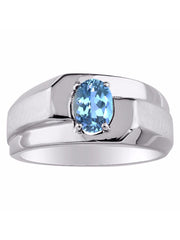 Rylos Men's 14K White Gold Classic Solitaire Ring with 7x5MM Oval Gemstone - Designer Birthstone Band in Sizes 8-13