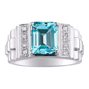 Rylos Men's Rings 14K White Gold Designer Style 10X8MM Emerald Cut Shape Gemstone & Diamonds - Color Stone Birthstone Rings for Men, Sizes 8-13.