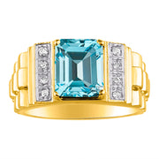 Rylos Men's Rings 14K Yellow Gold Designer Style 10X8MM Emerald Cut Shape Gemstone & Diamonds - Color Stone Birthstone Rings for Men, Sizes 8-13.