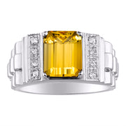 Rylos Men's Rings 14K White Gold Designer Style 10X8MM Emerald Cut Shape Gemstone & Diamonds - Color Stone Birthstone Rings for Men, Sizes 8-13.