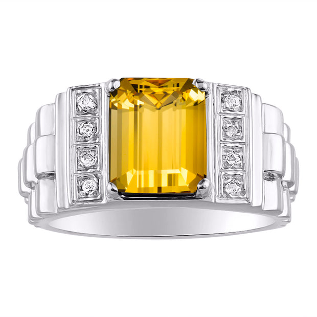 Rylos Men's Rings 14K White Gold Designer Style 10X8MM Emerald Cut Shape Gemstone & Diamonds - Color Stone Birthstone Rings for Men, Sizes 8-13.