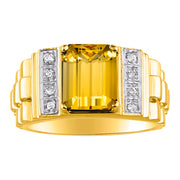 Rylos Men's Rings 14K Yellow Gold Designer Style 10X8MM Emerald Cut Shape Gemstone & Diamonds - Color Stone Birthstone Rings for Men, Sizes 8-13.