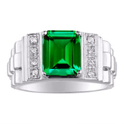 Rylos Men's Rings 14K White Gold Designer Style 10X8MM Emerald Cut Shape Gemstone & Diamonds - Color Stone Birthstone Rings for Men, Sizes 8-13.