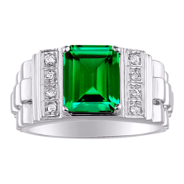 Rylos Men's Rings 14K White Gold Designer Style 10X8MM Emerald Cut Shape Gemstone & Diamonds - Color Stone Birthstone Rings for Men, Sizes 8-13.