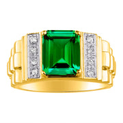 Rylos Men's Rings 14K Yellow Gold Designer Style 10X8MM Emerald Cut Shape Gemstone & Diamonds - Color Stone Birthstone Rings for Men, Sizes 8-13.