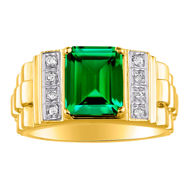 Rylos Men's Rings 14K Yellow Gold Designer Style 10X8MM Emerald Cut Shape Gemstone & Diamonds - Color Stone Birthstone Rings for Men, Sizes 8-13.