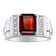 Rylos Men's Rings 14K White Gold Designer Style 10X8MM Emerald Cut Shape Gemstone & Diamonds - Color Stone Birthstone Rings for Men, Sizes 8-13.