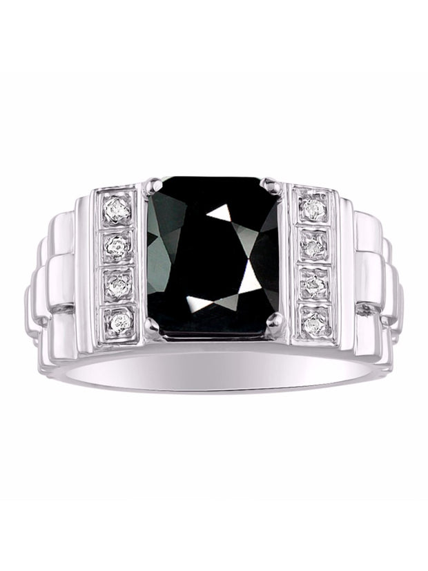 Rylos Men's Rings 14K White Gold Designer Style 10X8MM Emerald Cut Shape Gemstone & Diamonds - Color Stone Birthstone Rings for Men, Sizes 8-13.