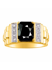 Rylos Men's Rings 14K Yellow Gold Designer Style 10X8MM Emerald Cut Shape Gemstone & Diamonds - Color Stone Birthstone Rings for Men, Sizes 8-13.