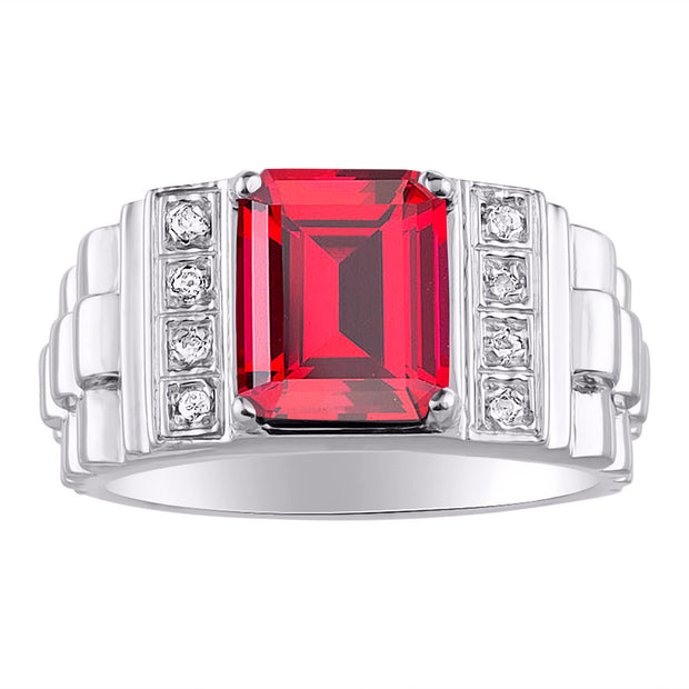 Rylos Men's Rings 14K White Gold Designer Style 10X8MM Emerald Cut Shape Gemstone & Diamonds - Color Stone Birthstone Rings for Men, Sizes 8-13.