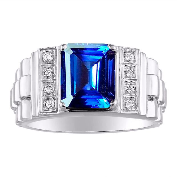 Rylos Men's Rings 14K White Gold Designer Style 10X8MM Emerald Cut Shape Gemstone & Diamonds - Color Stone Birthstone Rings for Men, Sizes 8-13.