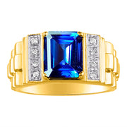 Rylos Men's Rings 14K Yellow Gold Designer Style 10X8MM Emerald Cut Shape Gemstone & Diamonds - Color Stone Birthstone Rings for Men, Sizes 8-13.