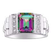 Rylos Men's Rings 14K White Gold Designer Style 10X8MM Emerald Cut Shape Gemstone & Diamonds - Color Stone Birthstone Rings for Men, Sizes 8-13.