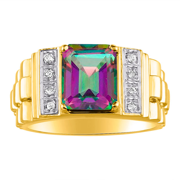 Rylos Men's Rings 14K Yellow Gold Designer Style 10X8MM Emerald Cut Shape Gemstone & Diamonds - Color Stone Birthstone Rings for Men, Sizes 8-13.