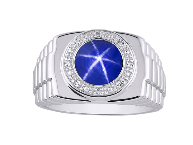 Rylos Men's Rings 14K White Gold Ring: Round Shape Cabochon Gemstone & Diamonds - Designer Style Rings for Men, Sizes 8-13. Exquisite Men's Jewelry!