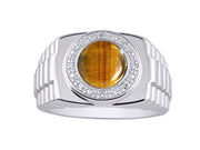 Rylos Men's Rings 14K White Gold Ring: Round Shape Cabochon Gemstone & Diamonds - Designer Style Rings for Men, Sizes 8-13. Exquisite Men's Jewelry!