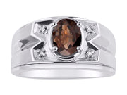 Rylos Men's Rings 14K White Gold Classic Designer 8X6MM Oval Gemstone & Diamond Ring - Color Stone Birthstone Rings for Men, Sizes 8-13. Mens Jewelry