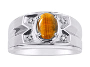 Rylos Men's Rings 14K White Gold Classic Designer 8X6MM Oval Gemstone & Diamond Ring - Color Stone Birthstone Rings for Men, Sizes 8-13. Mens Jewelry