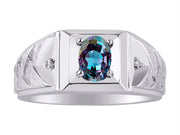 Rylos Men's Rings 14K White Gold Designer Weave Band 7X5MM Oval Gemstone & Diamond Ring - Color Stone Birthstone Rings for Men, Sizes 8-13.