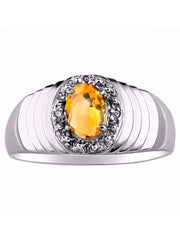 Rylos Men's Rings 14K White Gold Classic 7X5MM Oval Gemstone & Diamond Designer Ring - Color Stone Birthstone Rings for Men, Sizes 8-13. Unique Men's Jewelry!