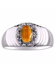 Rylos Men's Rings 14K White Gold Classic 7X5MM Oval Gemstone & Diamond Designer Ring - Color Stone Birthstone Rings for Men, Sizes 8-13. Unique Men's Jewelry!