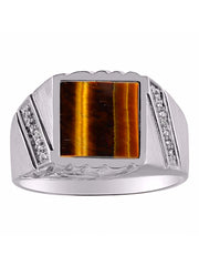 Rylos Men's Rings 14K White Gold Ring With Diamonds and Black Onyx, Lucky Tiger Eye, or Colored Quartz - Unique Rings for Men, Sizes 8-13