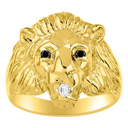 Rylos Men's 14K Yellow Gold Lion Head Ring with Black Diamond Eyes & Gemstone Mouth  Fun Designer Rings in Sizes 6-13