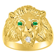 Rylos Lion Head Ring with Gemstone Eyes & Diamond Mouth  Fun Designer Rings in Sizes 6-13 in Yellow Gold Plated Silver