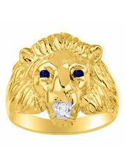 Rylos Lion Head Ring with Gemstone Eyes & Diamond Mouth  Fun Designer Rings in Sizes 6-13 in Yellow Gold Plated Silver