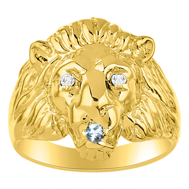 Rylos Men's 14K Yellow Gold Lion Head Ring with Diamond Eyes & Birthstone in Mouth  Fun Designer Rings in Sizes 6-13