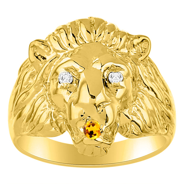 Rylos Men's 14K Yellow Gold Lion Head Ring with Diamond Eyes & Birthstone in Mouth  Fun Designer Rings in Sizes 6-13