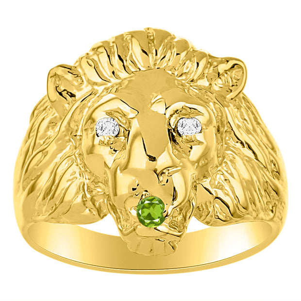 Rylos Men's 14K Yellow Gold Lion Head Ring with Diamond Eyes & Birthstone in Mouth  Fun Designer Rings in Sizes 6-13