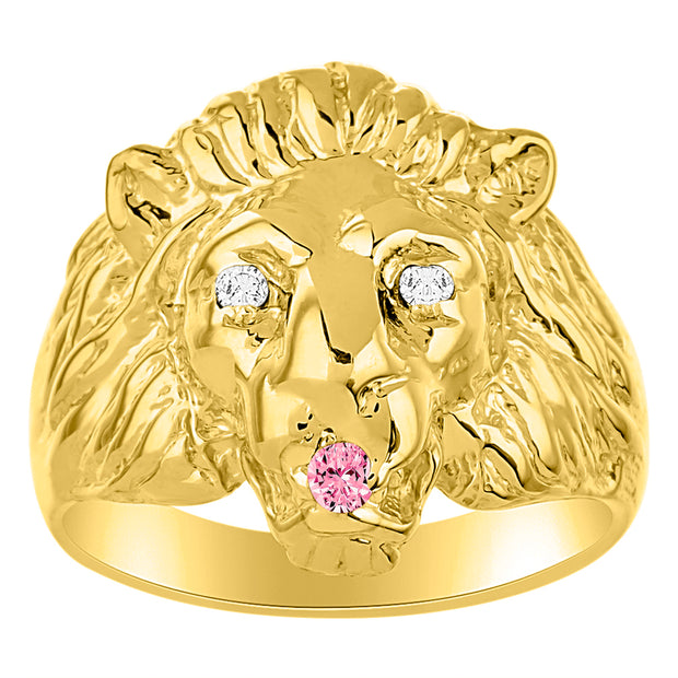 Rylos Men's 14K Yellow Gold Lion Head Ring with Diamond Eyes & Birthstone in Mouth  Fun Designer Rings in Sizes 6-13