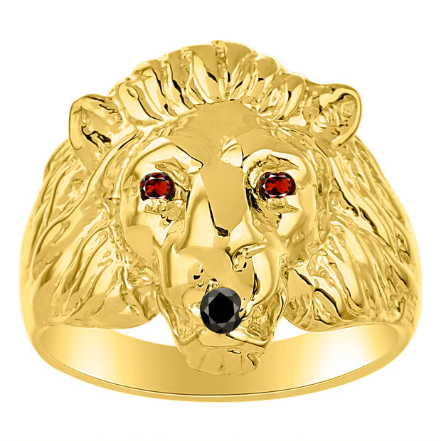 Rylos Lion Head Ring Yellow Gold Plated Silver Gemstone Eyes & Black Diamond Mouth #1 in Mens Jewelry Sizes 6-13