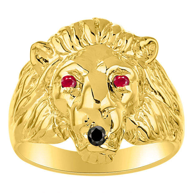 Rylos Lion Head Ring Yellow Gold Plated Silver Gemstone Eyes & Black Diamond Mouth #1 in Mens Jewelry Sizes 6-13