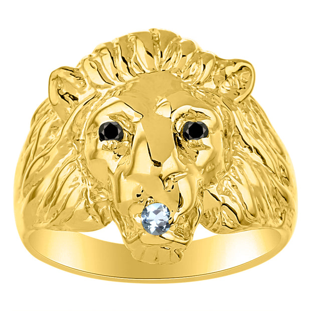 Rylos Men's 14K Yellow Gold Lion Head Ring with Black Diamond Eyes & Gemstone Mouth  Fun Designer Rings in Sizes 6-13